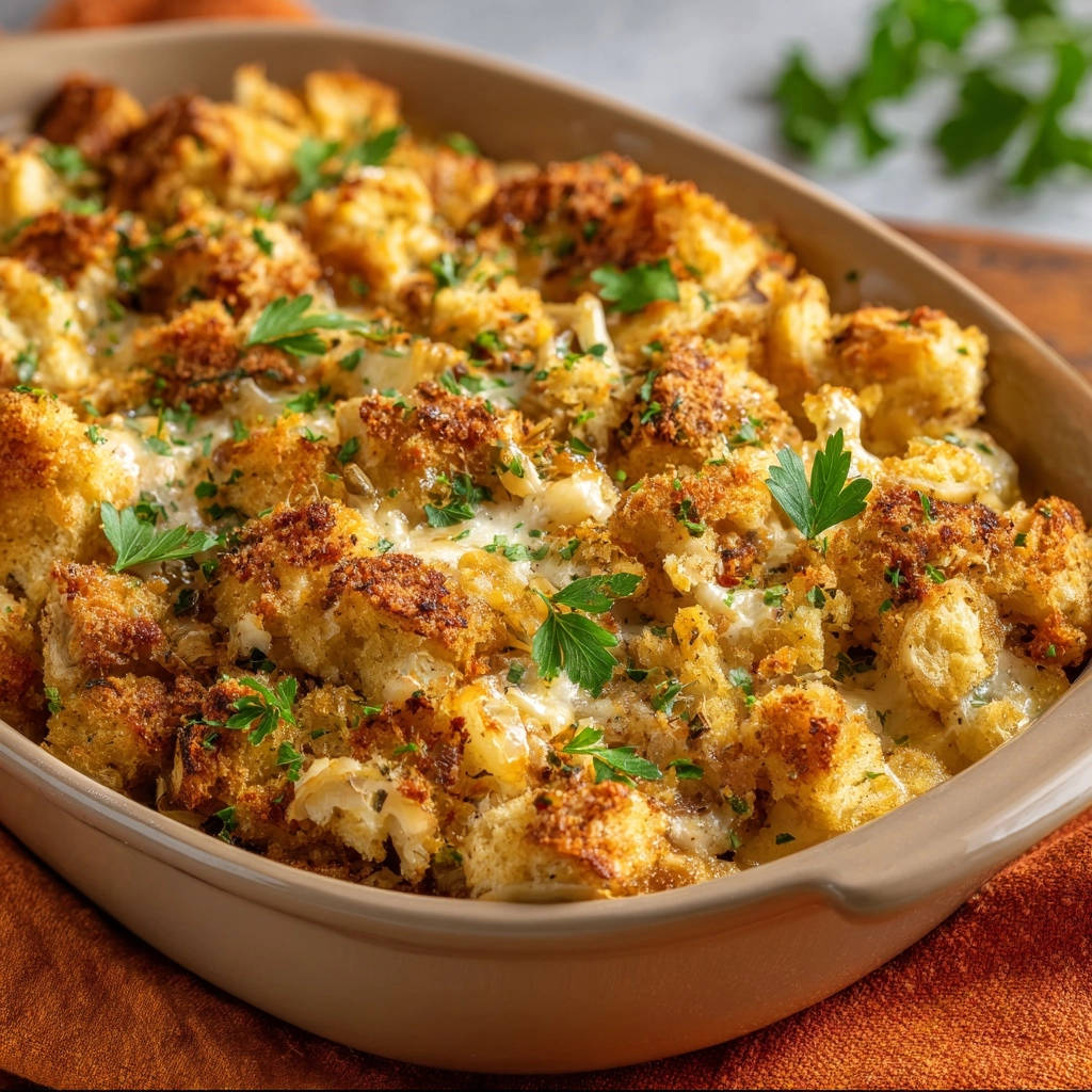 Creamy cauliflower casserole with a golden brown breadcrumb and parsley topping in a baking dish.