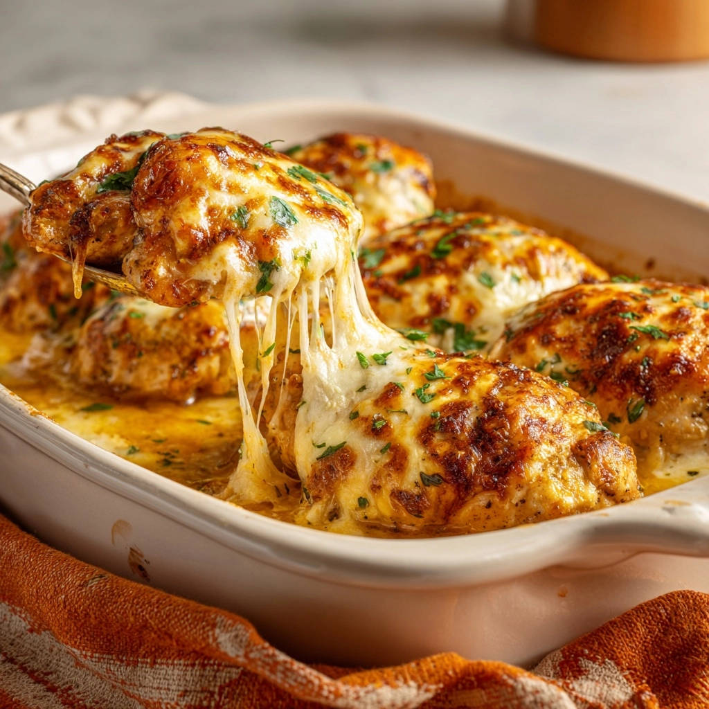 Creamy cheesy baked chicken being lifted with a serving spoon, showing a generous cheese pull.