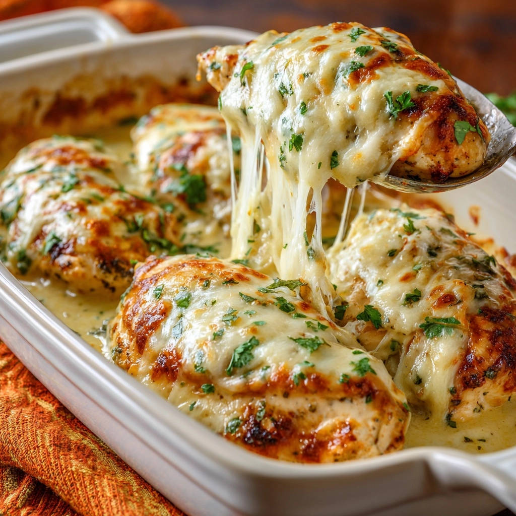 Creamy cheesy baked chicken being lifted with a spoon, showing a generous cheese pull and fresh parsley garnish.