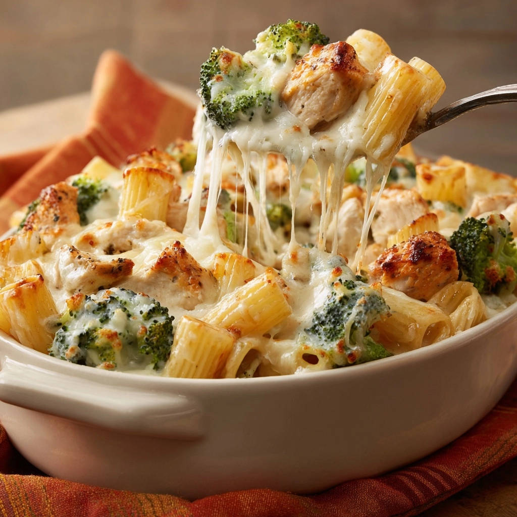 Creamy chicken and broccoli baked pasta with a cheesy pull, showcasing the gooey melted cheese stretching from the serving.
