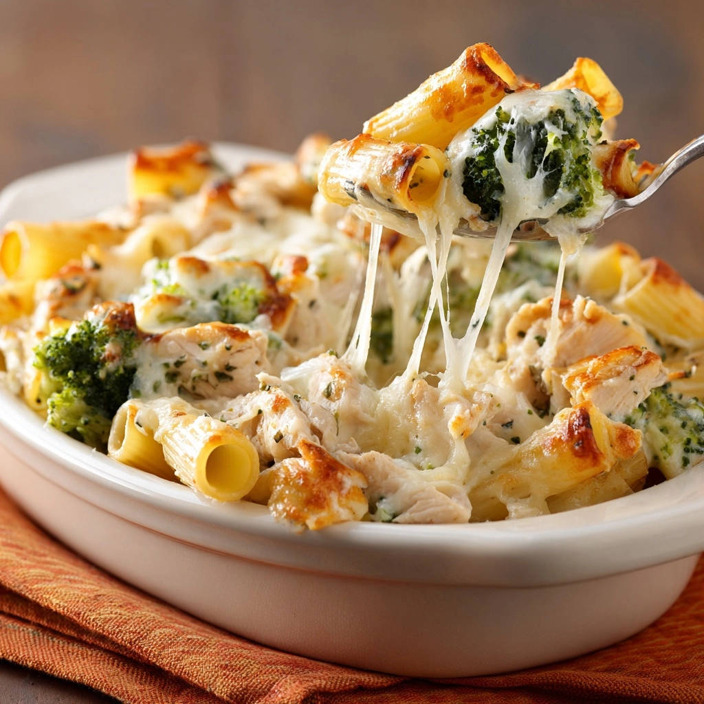 Creamy chicken and broccoli baked pasta with a cheesy pull, showing the melted cheese stretching from a serving fork.