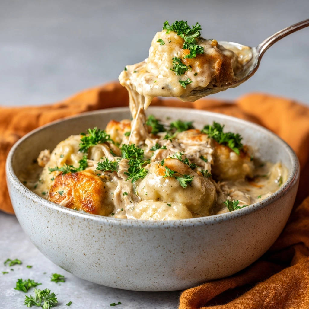 Creamy chicken and cheesy dumplings being lifted with a spoon, showcasing the fluffy texture and rich sauce.