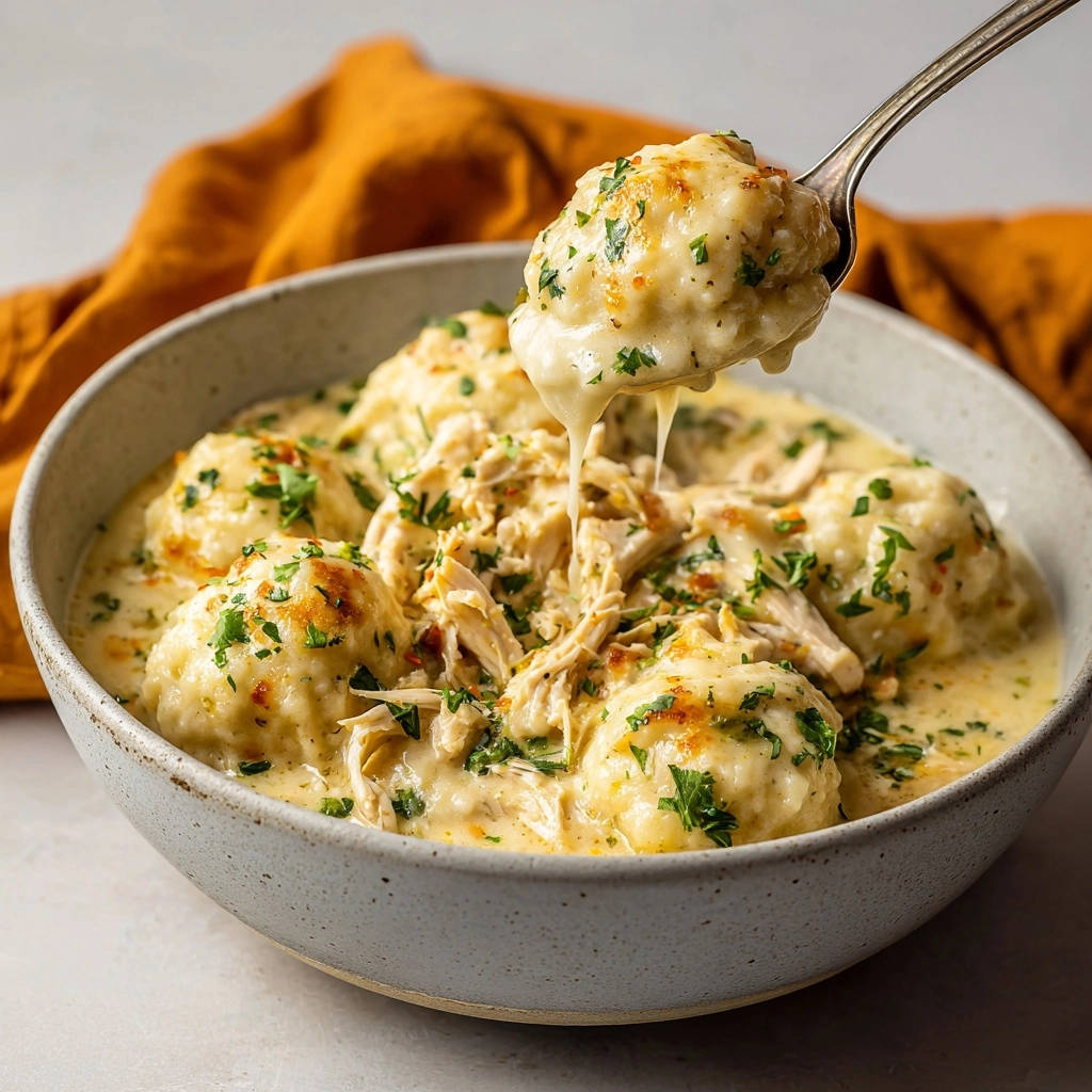 Creamy chicken and cheesy dumplings shown on a spoon being lifted from a bowl, garnished with parsley.