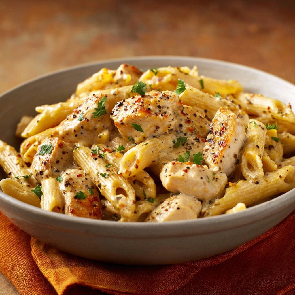 Creamy chicken penne with a velvety sauce that clings to the penne pasta, garnished with fresh parsley.