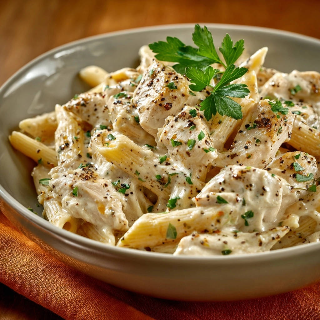 Creamy chicken penne with a velvety sauce clinging to the pasta, garnished with parsley and black pepper.