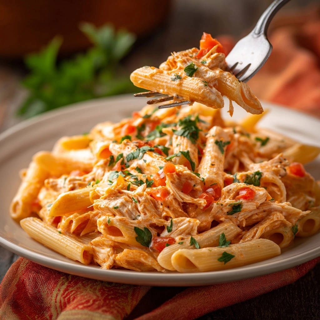 Creamy chicken penne with a fork lifting a serving, showcasing the clingy sauce and diced tomatoes.