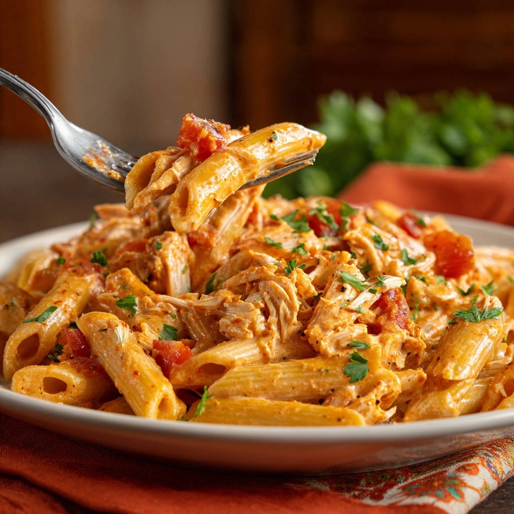 Creamy chicken penne with a forkful being lifted, showing the clingy sauce and tender pasta.