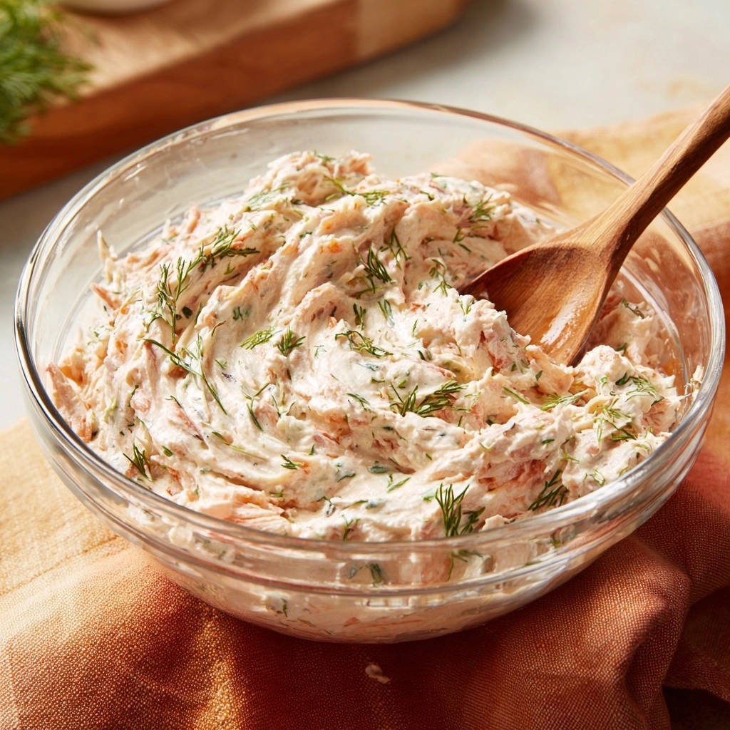 Creamy dill salmon spread in a glass bowl with a wooden spoon, showcasing its textured and herby appearance.
