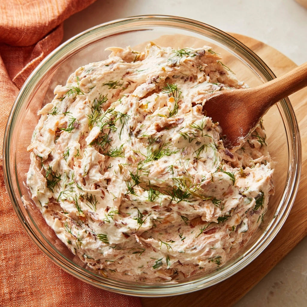Creamy dill salmon spread in a glass bowl with a wooden spoon, ready to be served.