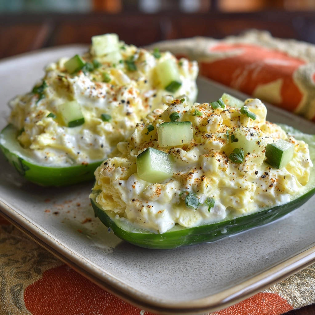 Creamy egg salad cucumber bites are served plated and presented in a close-up view, showcasing their fresh garnish.