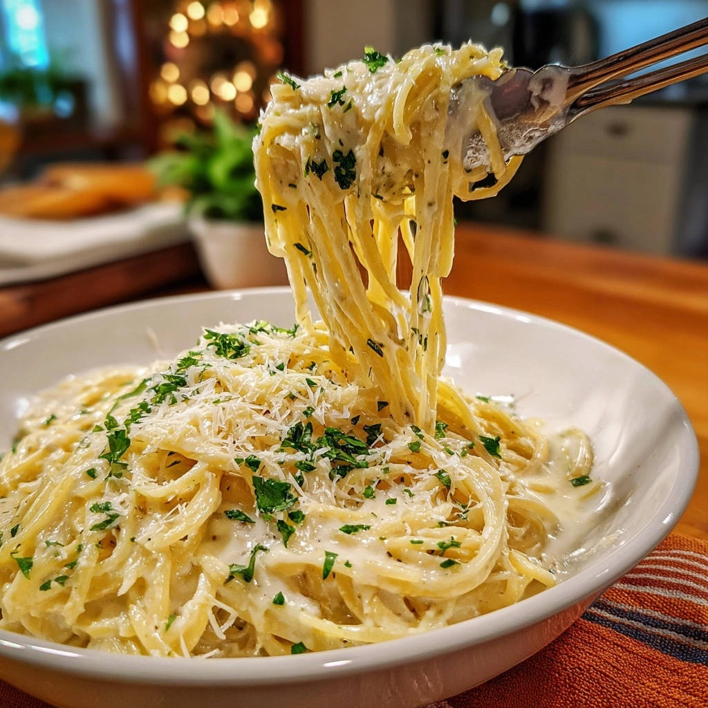Creamy garlic chicken pasta being lifted from a white bowl with a fork, showcasing its velvety sauce and cling.