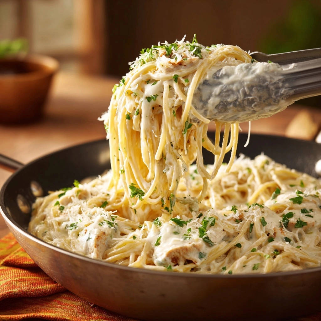 Creamy garlic chicken pasta being lifted from a skillet with tongs, showing its rich sauce and garnish.