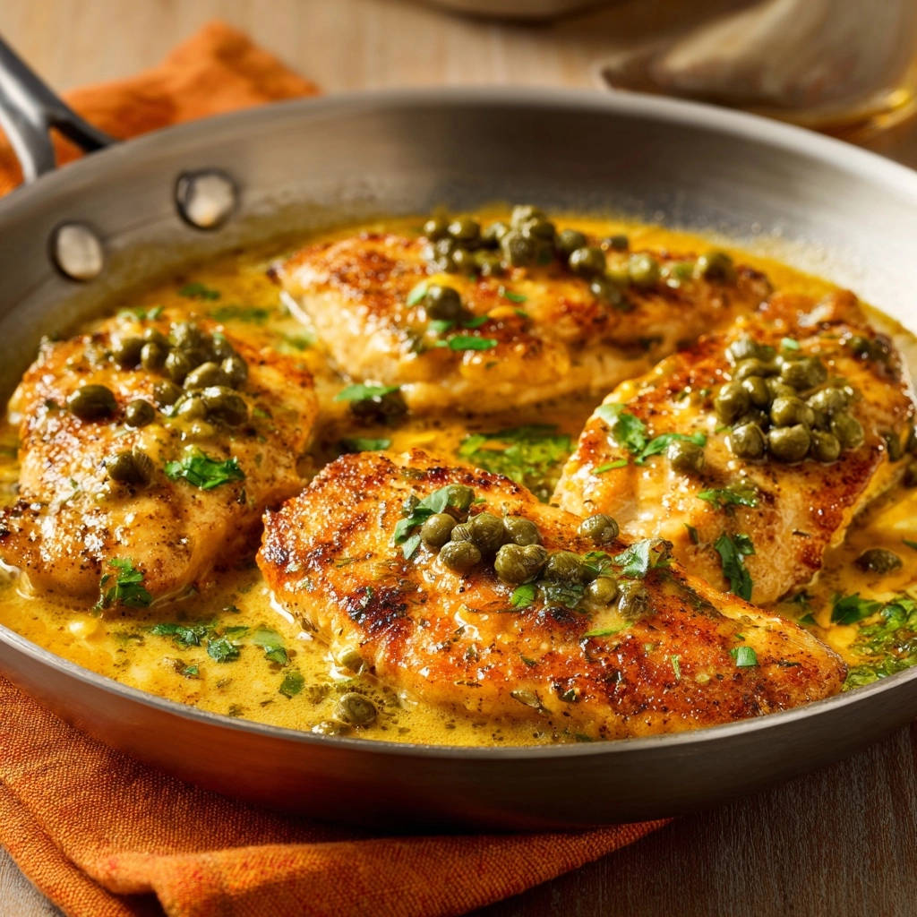 Creamy lemon caper chicken shown close-up in a skillet with a rich sauce and capers.