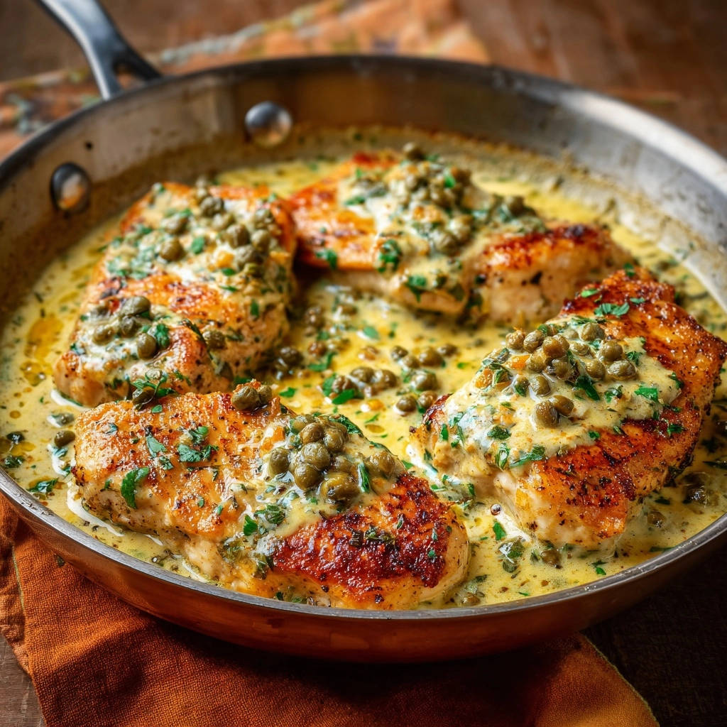 Creamy lemon caper chicken in a skillet, garnished with parsley and capers, offering a close-up view of the tender chicken.