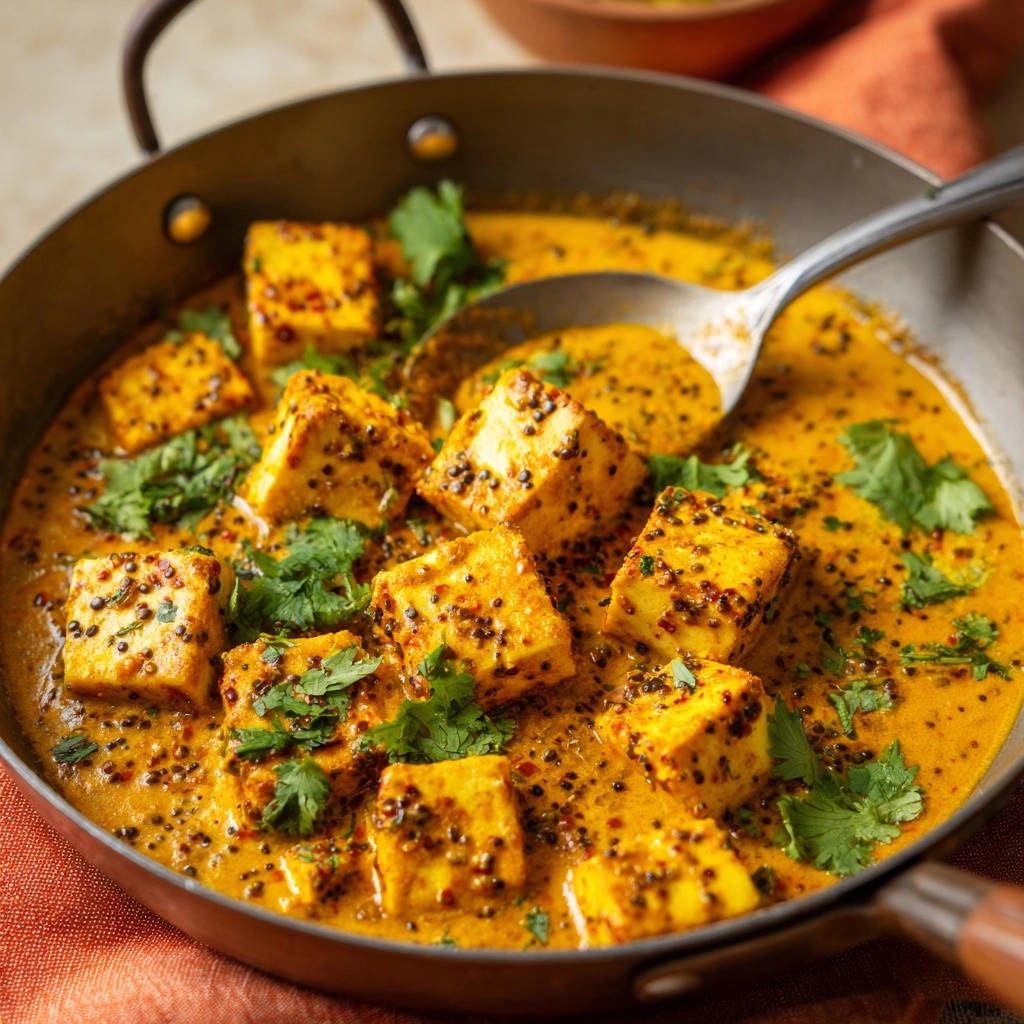 Creamy mustard seed paneer curry served in a pan with a spoon, showcasing the textures of the sauce and paneer.