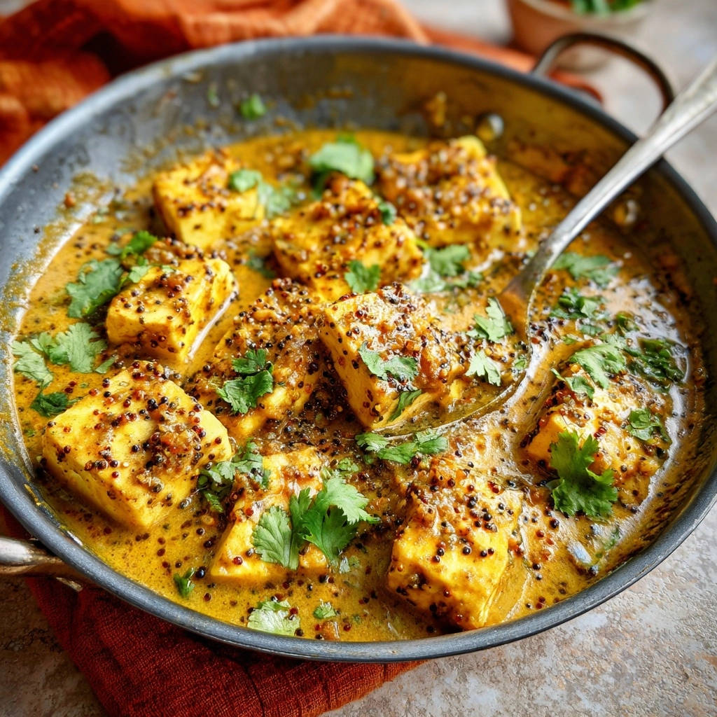 Creamy mustard seed paneer curry shown with a spoonful lifted, highlighting the tender paneer and rich sauce.