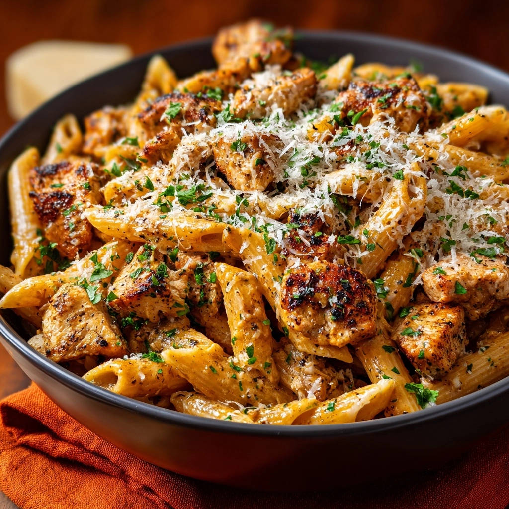 Creamy penne with seared chicken, a close-up view showcasing the pasta, chicken, and grated cheese garnish.
