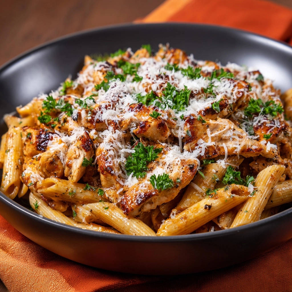 Creamy penne with seared chicken, generously garnished with shredded parmesan cheese and fresh parsley in a dark bowl.