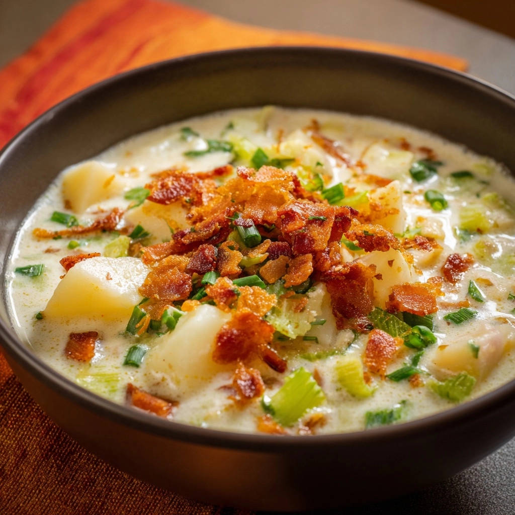 Creamy potato chowder with a generous topping of crispy bacon and fresh chives.