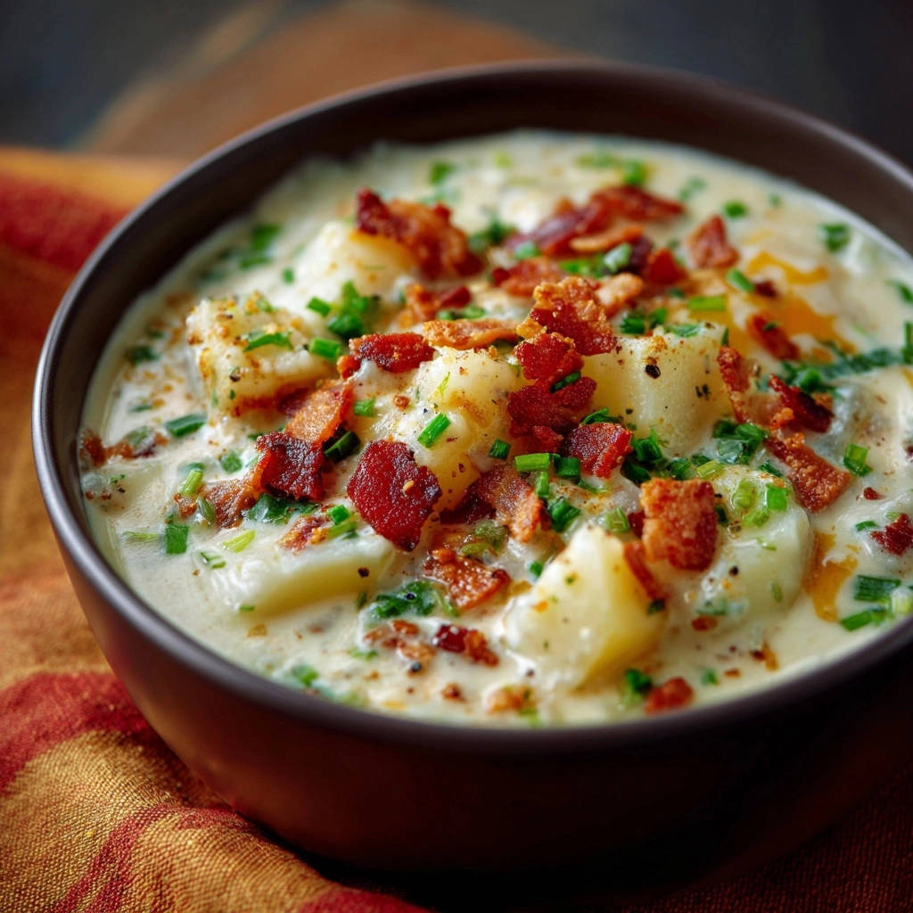 Creamy potato chowder in a brown bowl, generously garnished with crispy bacon and fresh chives.