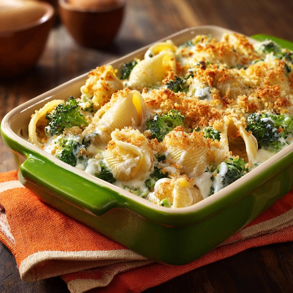 Creamy shells and broccoli bake with a golden breadcrumb topping in a green baking dish.