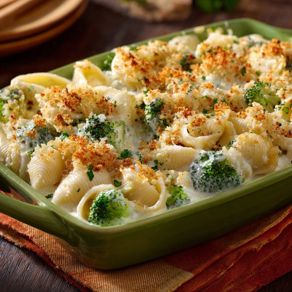 Creamy shells &amp; broccoli bake with golden breadcrumb topping and fresh parsley garnish in a green baking dish.