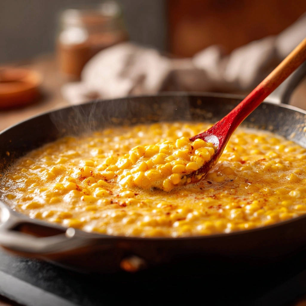 Creamy skillet corn with a wooden spoon lifting a spoonful of the velvety corn mixture.