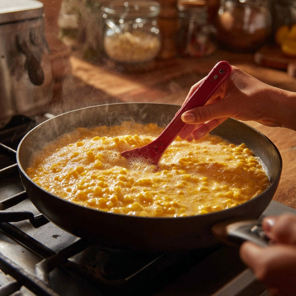 Creamy skillet corn being stirred with a red spatula in a black pan on a stovetop.