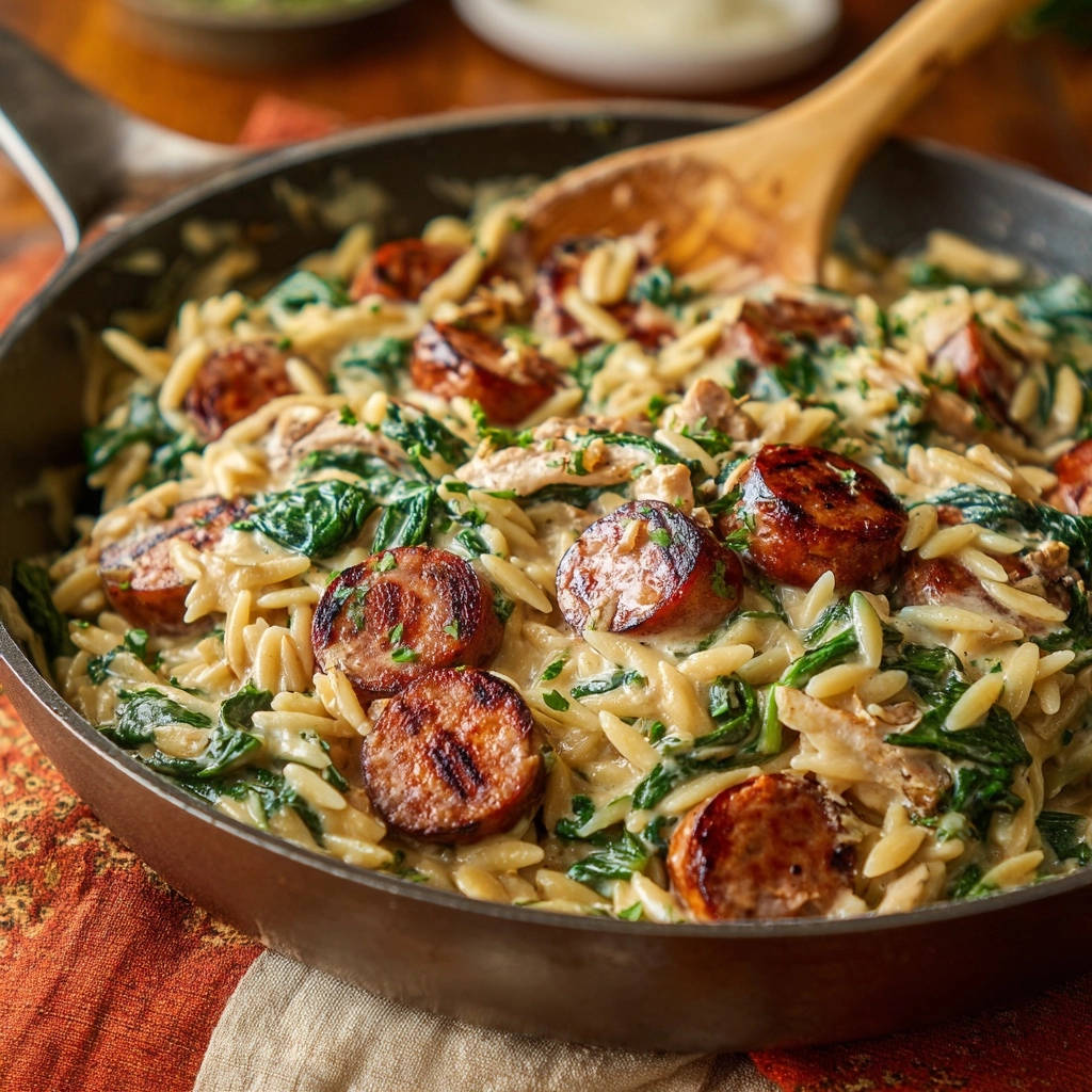 Creamy skillet orzo with sausage and spinach, a close-up view of the flavorful dish in a pan with a wooden spoon.