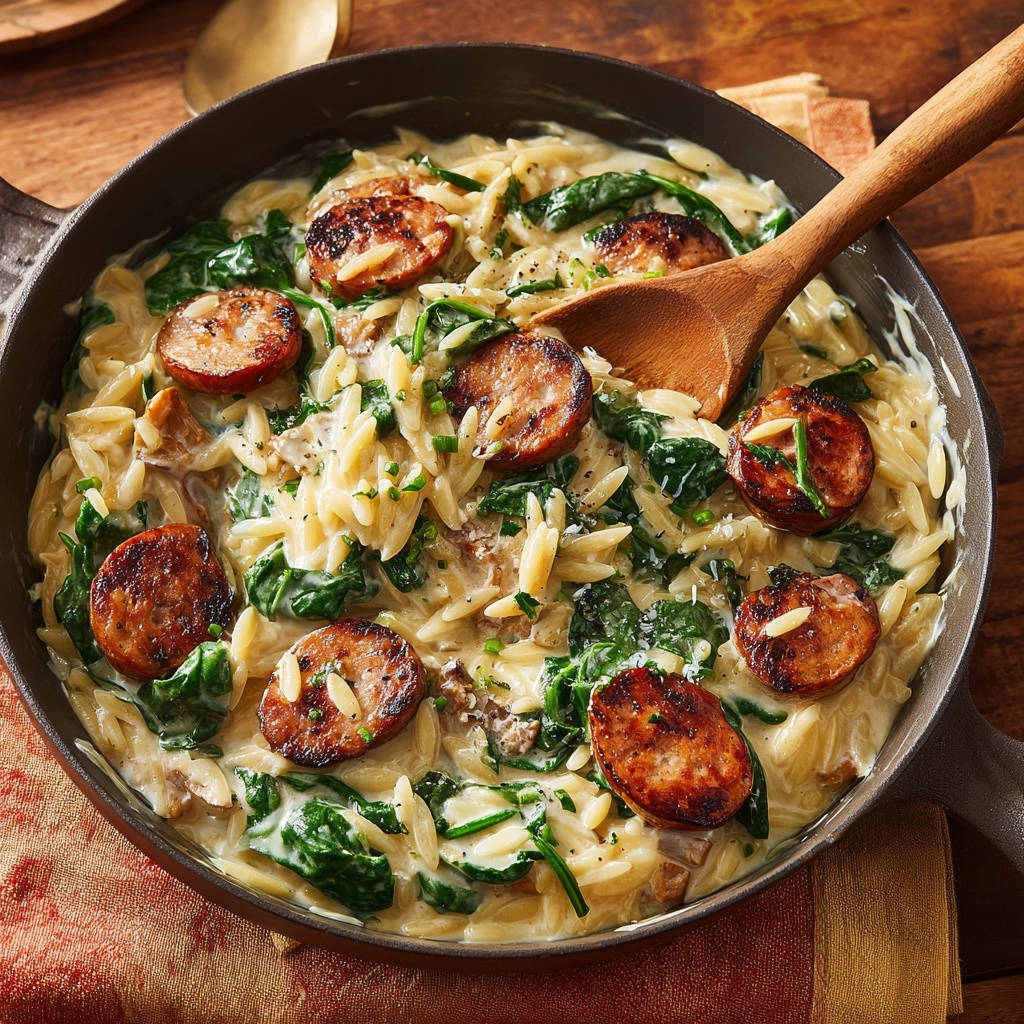 Creamy skillet orzo with sausage and spinach served directly from the cast iron pan with a wooden spoon.