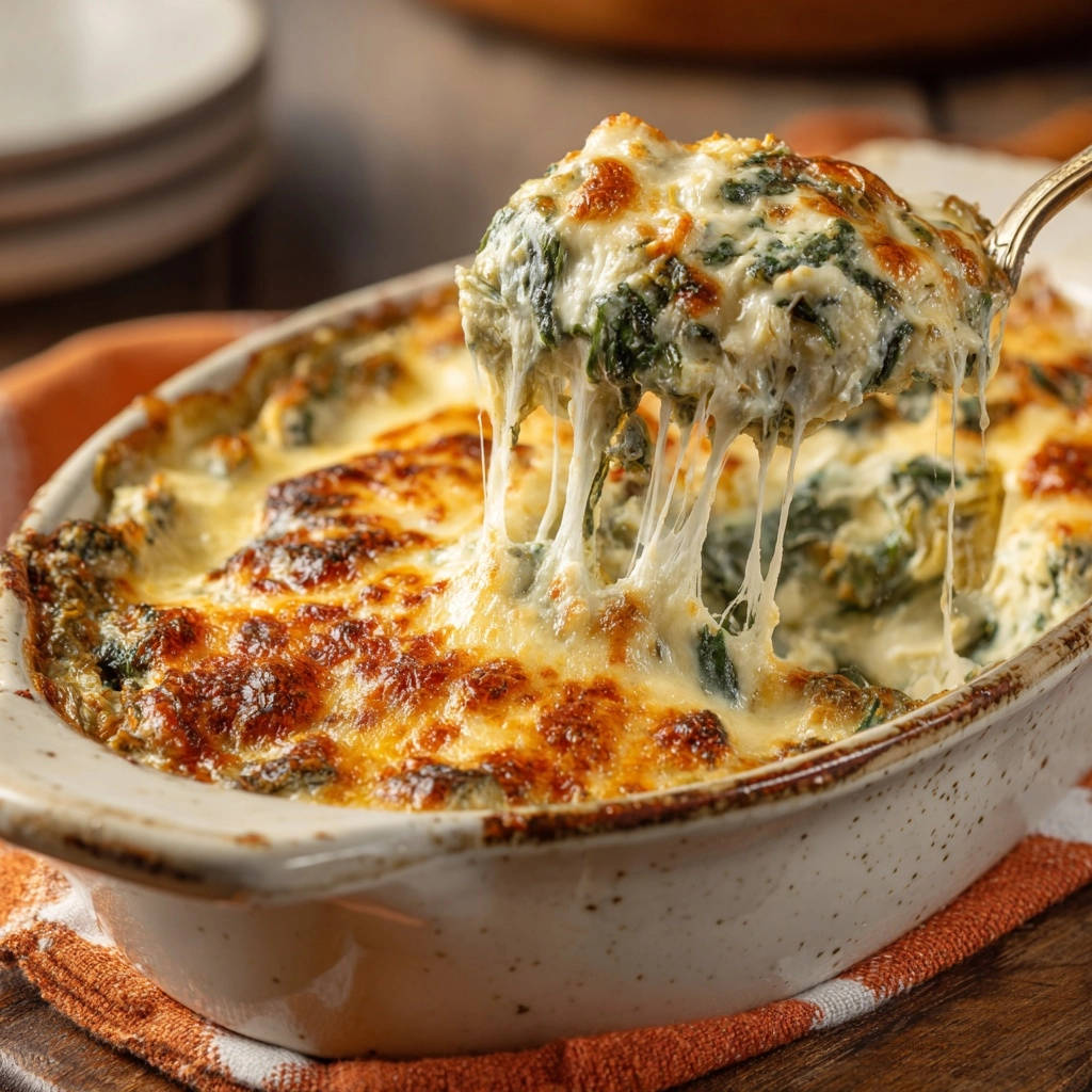 Creamy spinach artichoke dip with a generous scoop showing a long, gooey cheese pull, fresh from the oven.