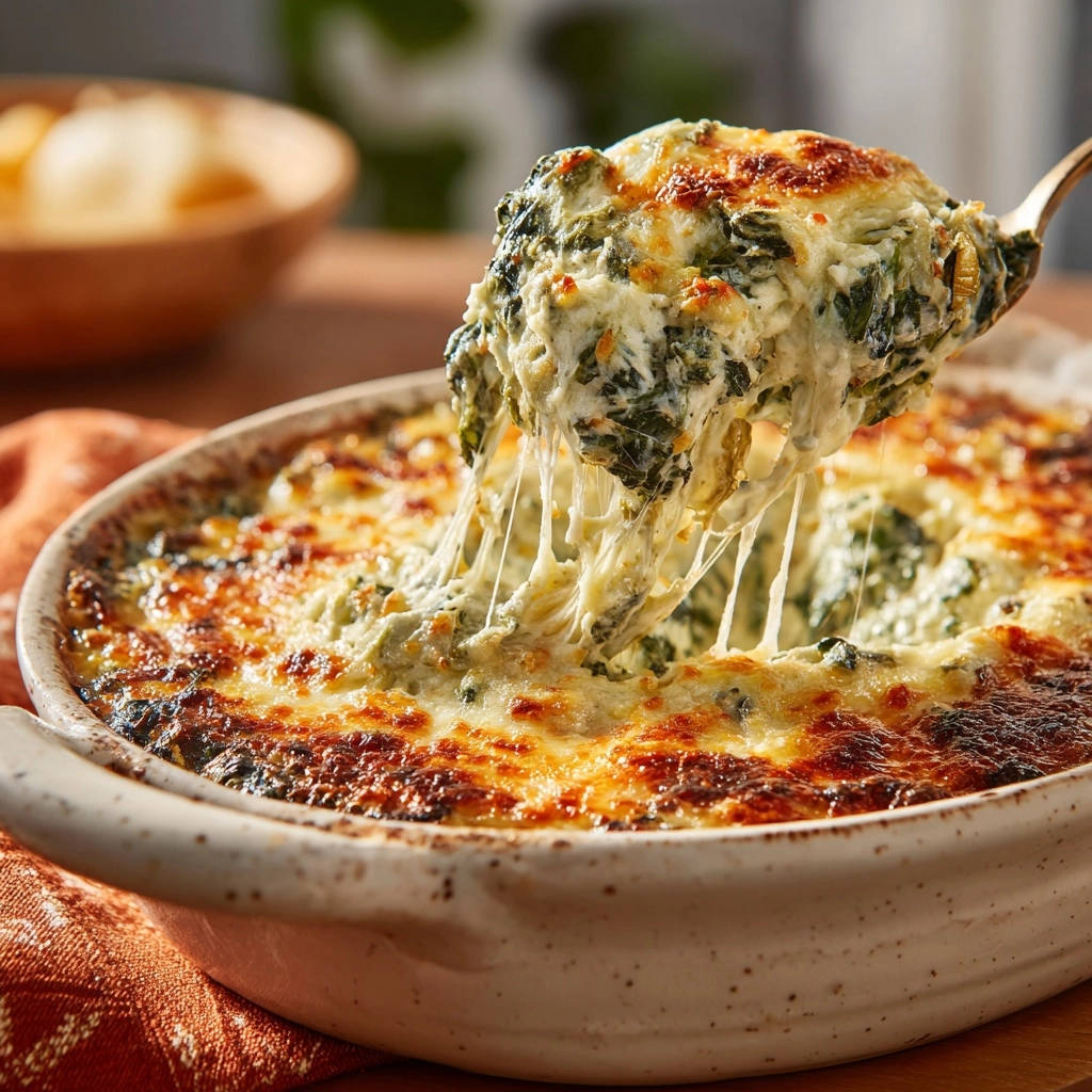 Creamy spinach artichoke dip being scooped with long strings of melted cheese pulling away.