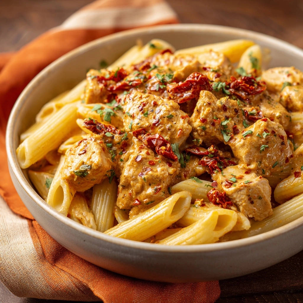 Creamy sun-dried tomato chicken pasta shown in a close-up view within a bowl, featuring penne pasta and a rich sauce.