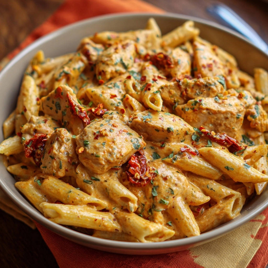 Creamy sun-dried tomato chicken pasta in a bowl, featuring penne pasta, chicken pieces, and sun-dried tomatoes with a close-up view.