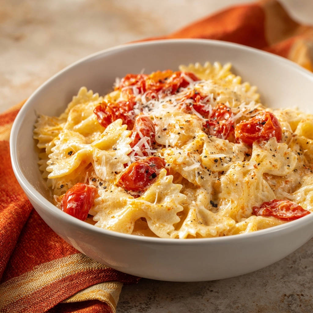 Creamy tomato farfalle pasta served in a white bowl, topped with cherry tomatoes and grated cheese.