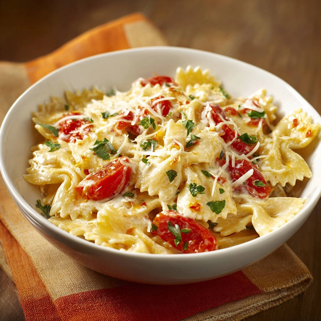 Creamy tomato farfalle pasta served in a white bowl, garnished with cheese and parsley.