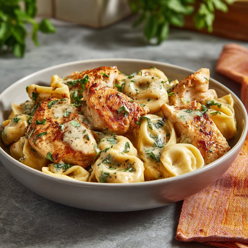 Creamy tortellini with seared chicken presented in a bowl, showcasing a close-up view of the dish.