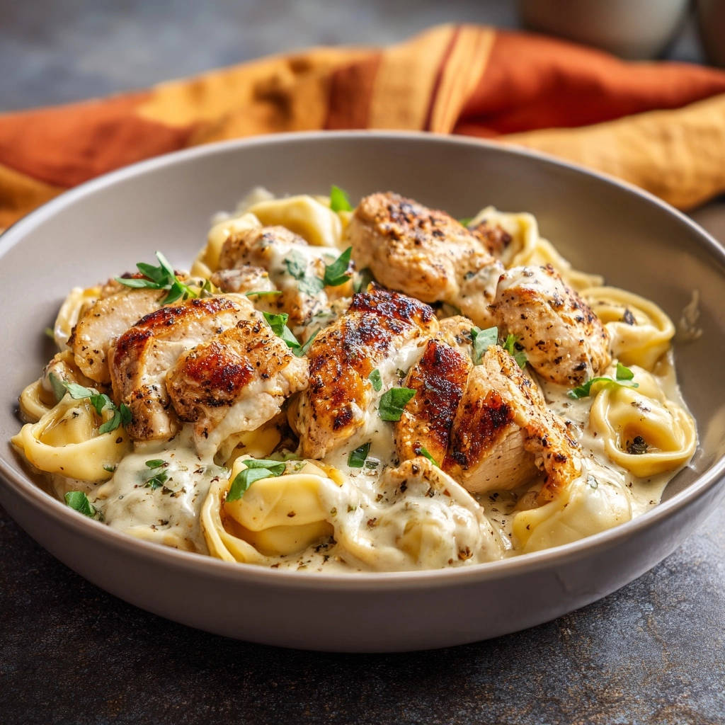 Creamy tortellini with seared chicken served in a close-up bowl, showcasing tender pasta and juicy chicken pieces.
