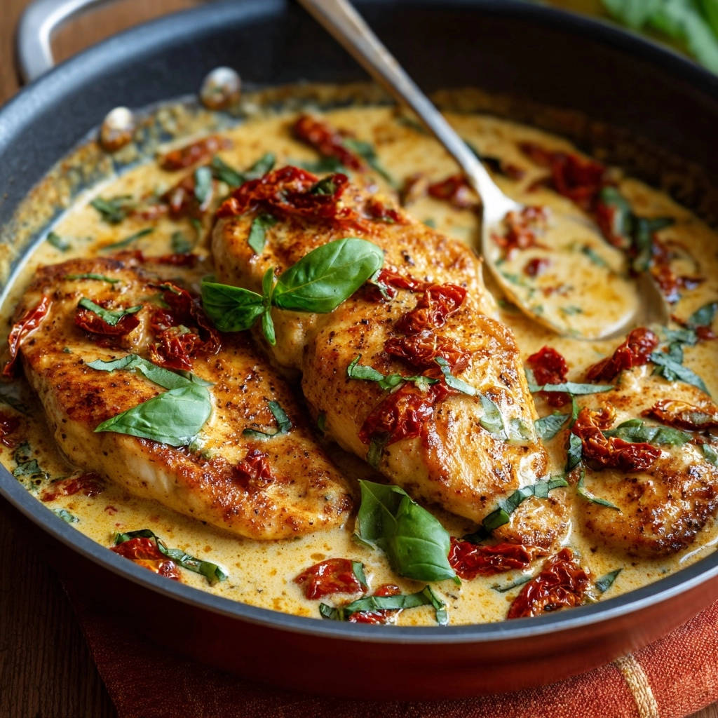 Creamy Tuscan chicken in a skillet with sun-dried tomatoes and fresh basil, featuring a rich sauce.