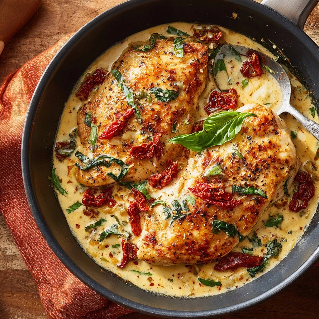 Creamy Tuscan chicken in a skillet, featuring sun-dried tomatoes and basil, presented in a close-up overhead view.