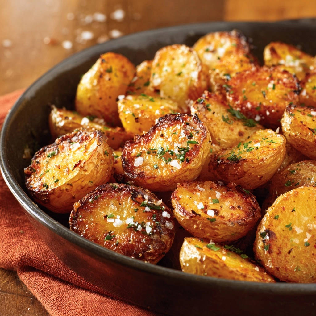 Ultimate crispy roasted potatoes with fluffy centers, presented in a black skillet with a close-up view.