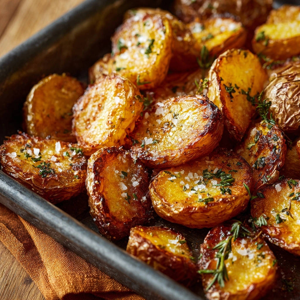 Ultimate crispy roasted potatoes with fluffy centers, generously seasoned with salt and herbs in a close-up view.