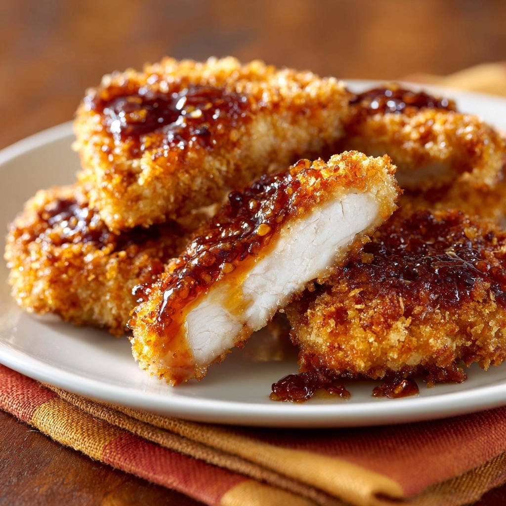 Crispy sesame chicken bites shown in a close-up cross-section, highlighting the tender interior and glistening glaze.