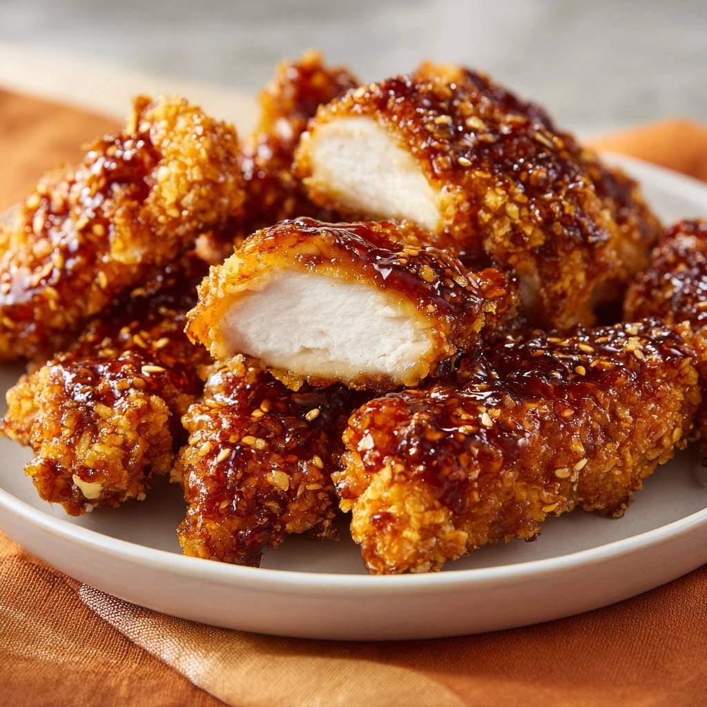 Crispy sesame chicken bites shown with a close-up cross-section revealing the tender interior.