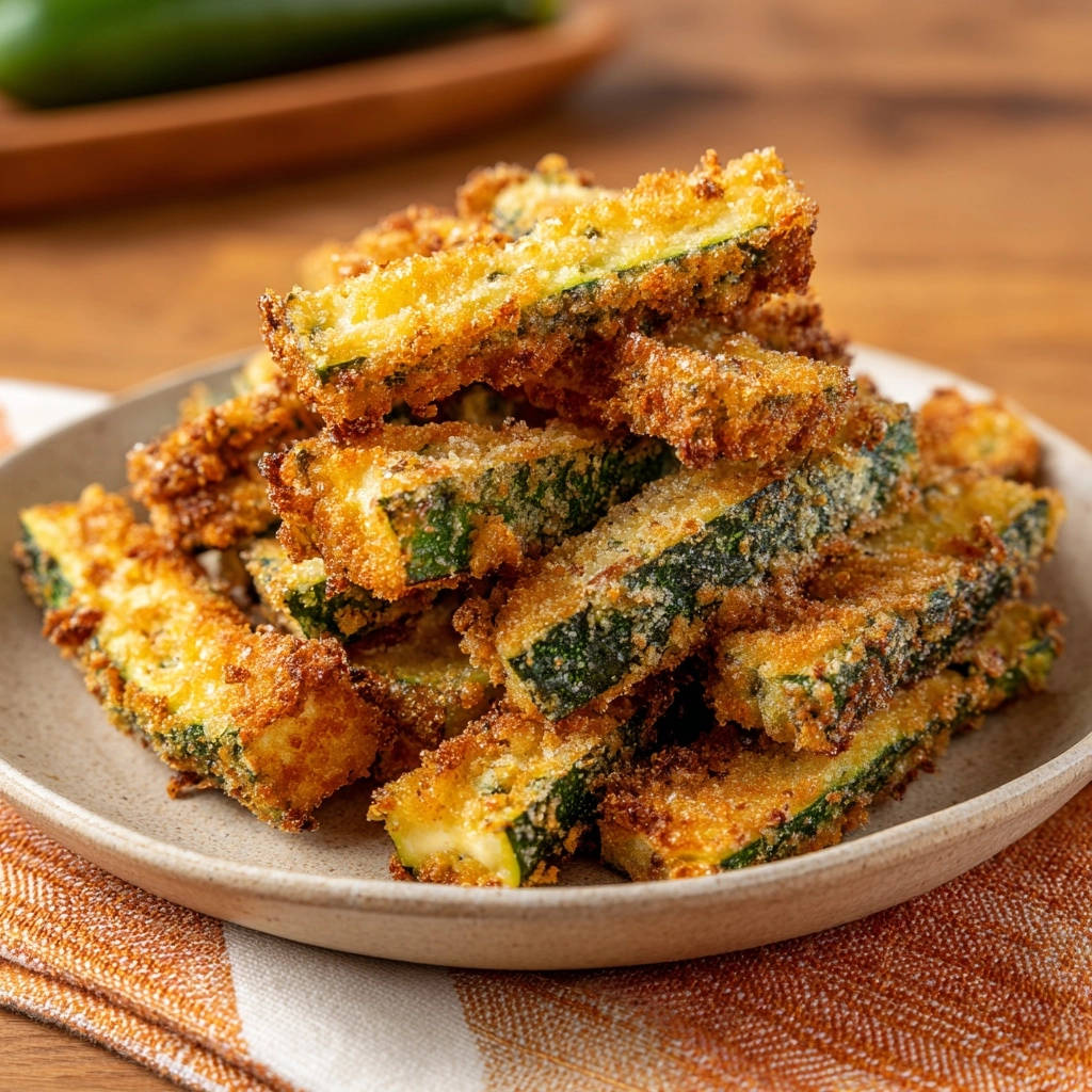 Crispy zucchini fries piled high on a plate, showcasing their golden-brown breaded exterior.