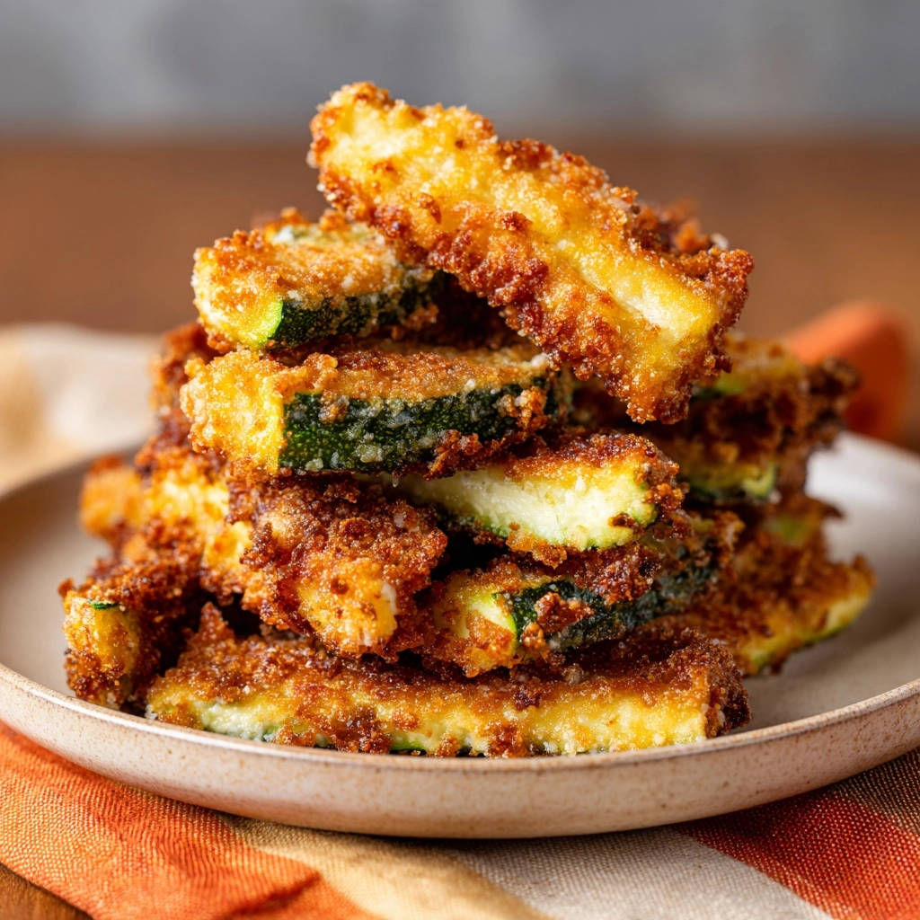 Crispy zucchini fries stacked high on a plate, showing a close-up view of their golden-brown coating and interior texture.