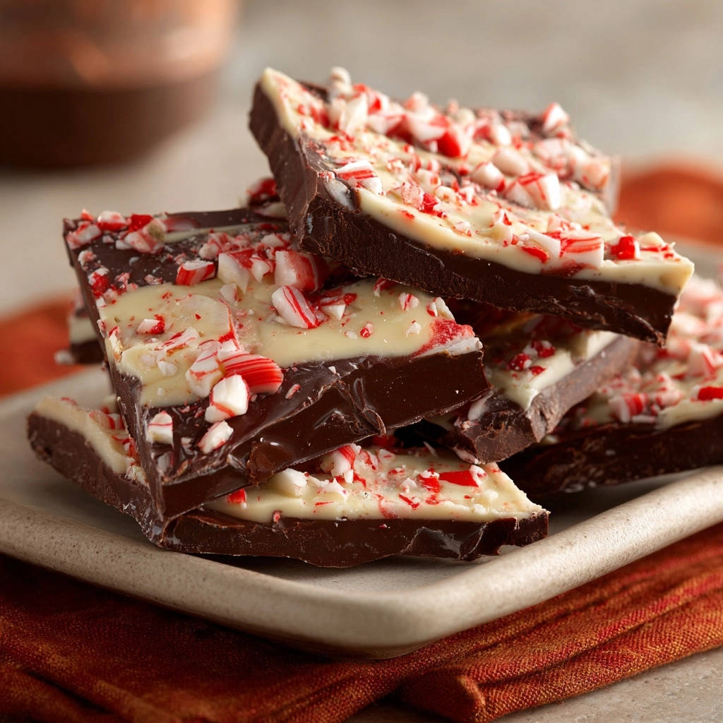 Decadent peppermint bark showing distinct layers of dark and white chocolate topped with crushed candy canes.