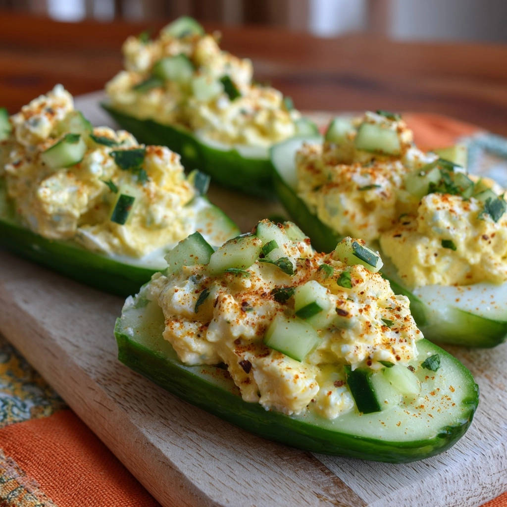 Creamy egg salad cucumber bites are topped with fresh cucumber and paprika garnish.