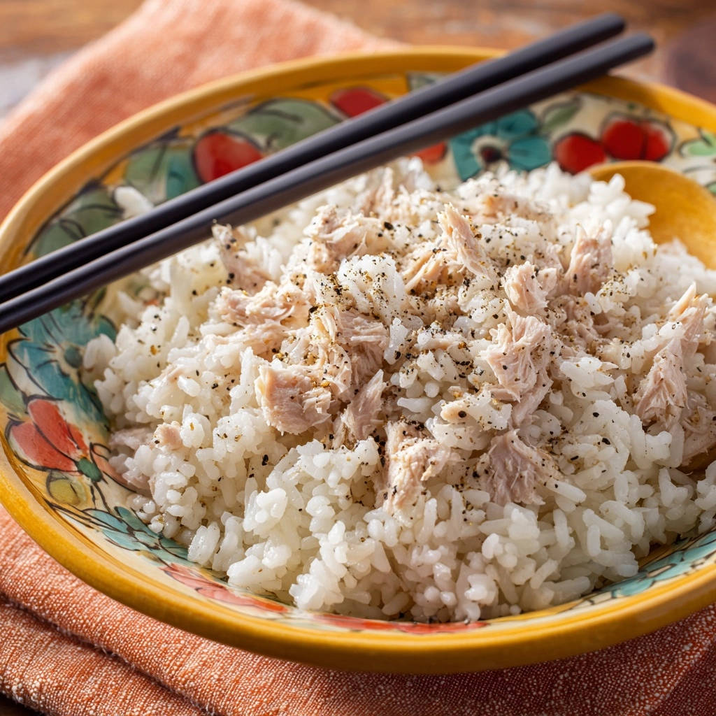 Everyday tuna & rice bowl featuring a close-up of the moist tuna and fluffy rice, seasoned with black pepper.