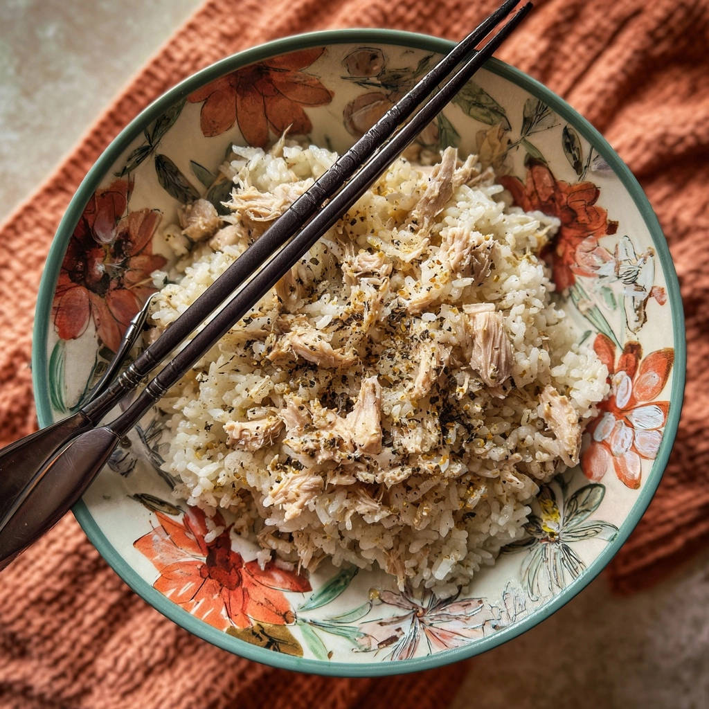 Everyday tuna &amp; rice bowl shown from an overhead view with chopsticks resting on top.